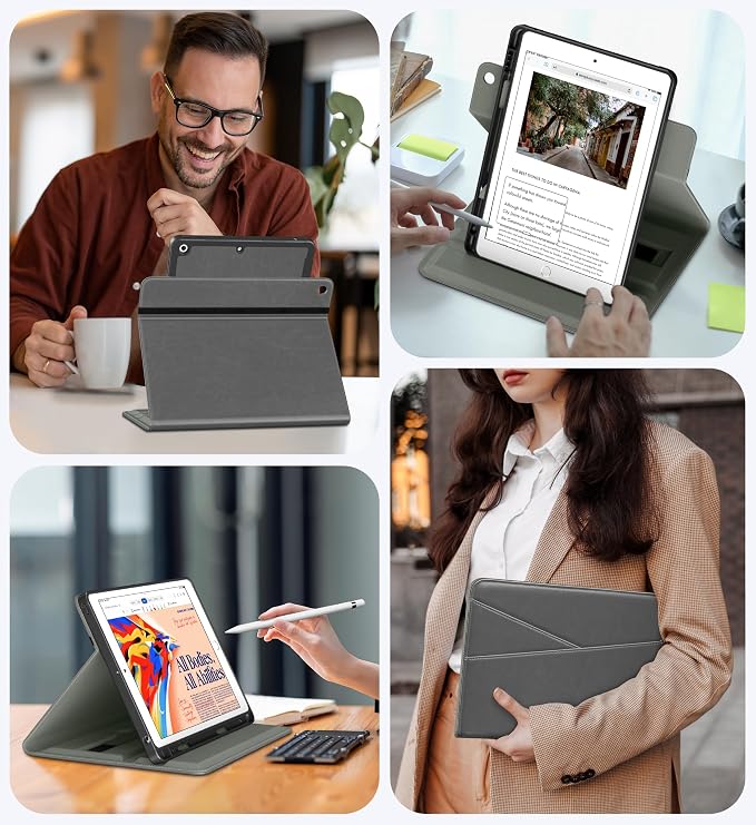 DTTO for iPad 9th/8th/7th Gen Case 10.2 Inch (2021/2020/2019) Brown | 360 Degree Rotating Premium Faux Leather Folio Stand Cover with Pencil Holder Auto Sleep/Wake Multiple Angles Hand Strap