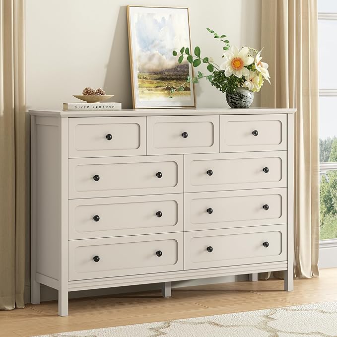 CARPETNAL Beige Dresser for Bedroom, 55" Wide 9 Drawer Dresser with Metal Handles and Deep Drawers, Modern Large Wood Chest of Drawers for Living Room, Hallway.