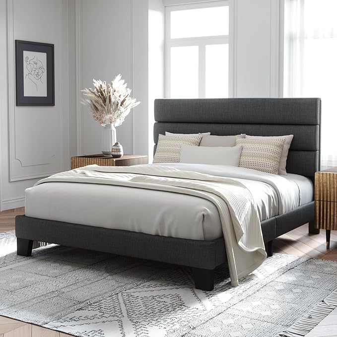 Allewie Queen Size Platform Bed Frame with Fabric Upholstered Headboard and Wooden Slats Support, Fully Upholstered Mattress Foundation/No Box Spring Needed/Easy Assembly, Dark Grey
