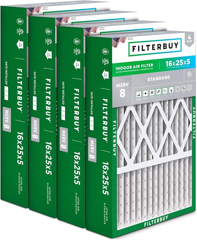 Filterbuy 16x25x5 Air Filter MERV 8 Essential Dust & Allergy Defense, Pleated