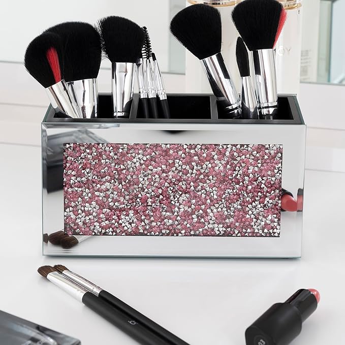 SHYFOY Mirrored Makeup Brush Holder Organizer, 3 Slots Glass Cosmetic Brushes Storage Holder with Pink Crushed Diamond, Pencil Pen Holder for Desk, Desk Organizer and Accessories for Vanity