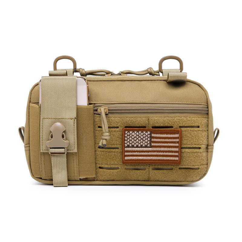 Taxatm Molle Admin Pouch with Laser Cutting Loop,EDC EMT Molle Pouches, Large Capacity Organizer Waist Pouch Include US Flag (Small Brown-Without Accessories)