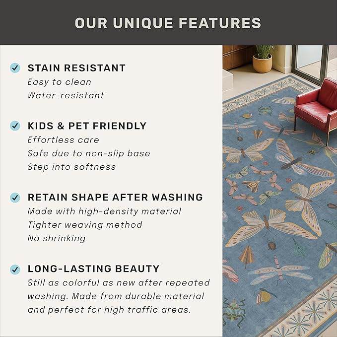 Boho Non Slip Kitchen Rug Runner - 2x6 Blue Washable Rug for Bathroom, Laundry Room, Hallway, Non Slip with Rubber Backing, Insect Print Unique Runner