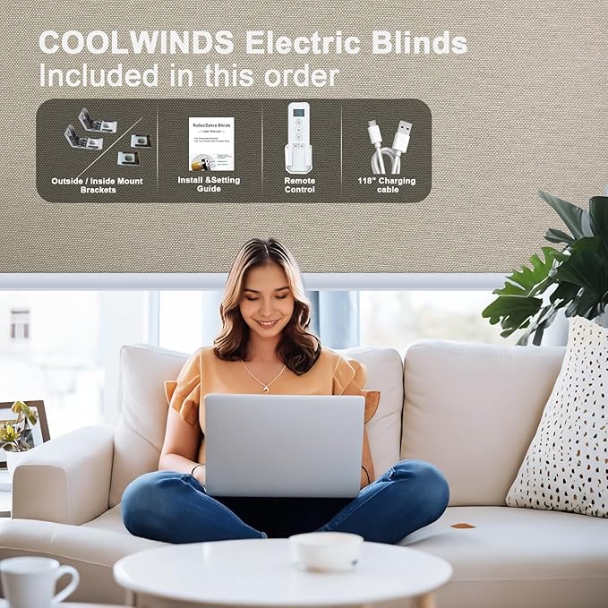 COOLWINDS Motorized Blinds with Remote Cordless Automatic Motorized Shades Custom Blinds for Windows Smart Curtains Compatible with Alexa Google Home(Blackout Sweet Latte,W40 x H72in)