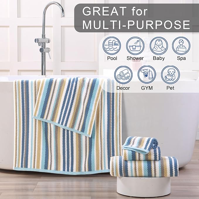 Striped Towels Set, 3PC Bathroom Towels - 100% Cotton | Quick Dry | Soft | Absorbent, 1 Bath 28"x52", 1 Hand 16"x27", 1 Face 13"x13", Luxury Bath Towels with Hanging loops, Blue+Gray+Beige Stripe