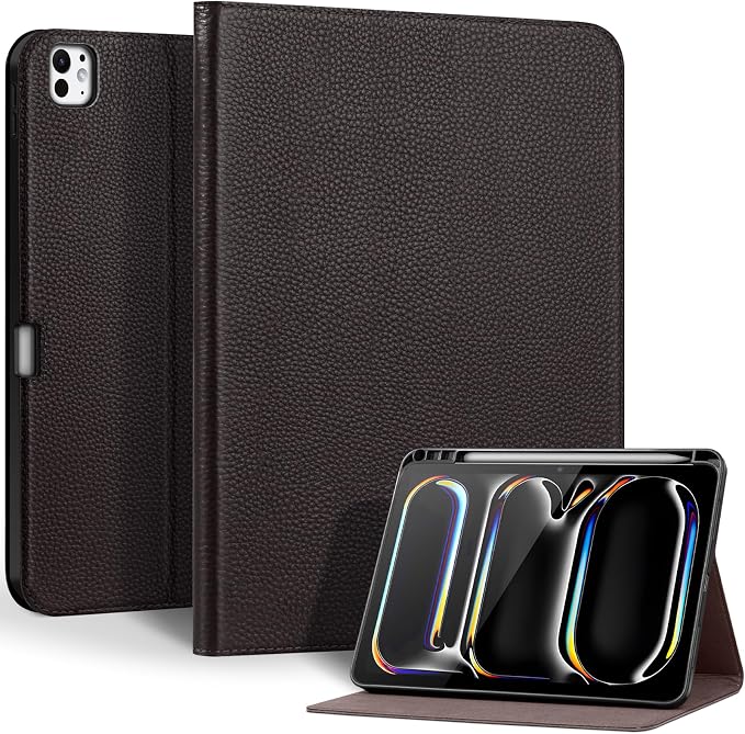 Genuine Leather Case for iPad 11th Gen 11/10th Gen 10.9 Black | Pencil Holder Adjustable Stand Auto Wake/Sleep Shockproof
