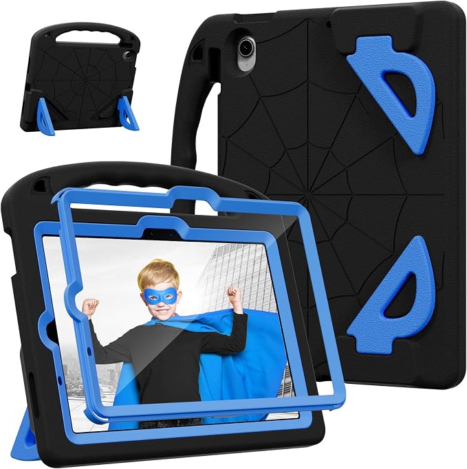 Kids Case for iPad Air 11-Inch (M4/M3/M2 2026/2025/2024) | iPad Air 5th Gen (2022) / 4th Gen (2020) 10.9 Shockproof Cover with Built-in Screen Protector and Stand (Black+Blue)