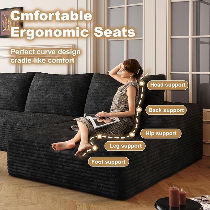 136" Sectional Couches for Living Room Modern Modular Sofa with L-Shape Couchs Upholstered Boneless Couch Deep Seat Sectional Couch with Chaise (Black, Right Facing Chaise+3Seaters)