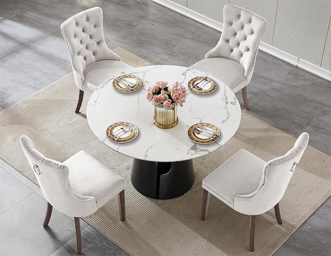 5-Piece Faux Marble Round Dining Table Set for 4, Modern Luxury Kitchen Table Set for 4 with Beige Tufted Chairs,Circle Dining Tables with White Marble Grain Top and Black Pedestal Base