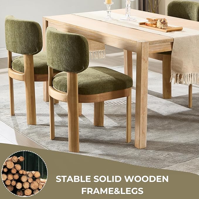 Green Upholstered Dining Chairs Set of 6 Chenille Fabric Dining Room Chairs Modern Barrel Kitchen Chairs with Curved Backrest and Wooden Legs