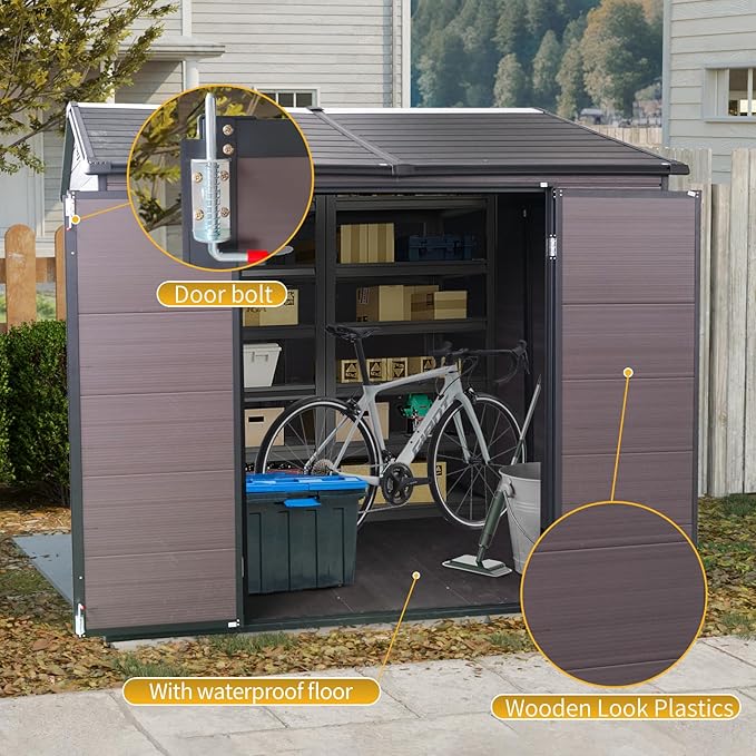 8x6 FT Outdoor Storage Resin Shed with Floor, Plastic Garden Tool Shed with Sloped Roof, Lockable Door & Windows, Easy to Assemble Bike Shed for Lawn, Backyard, Patio, Brown
