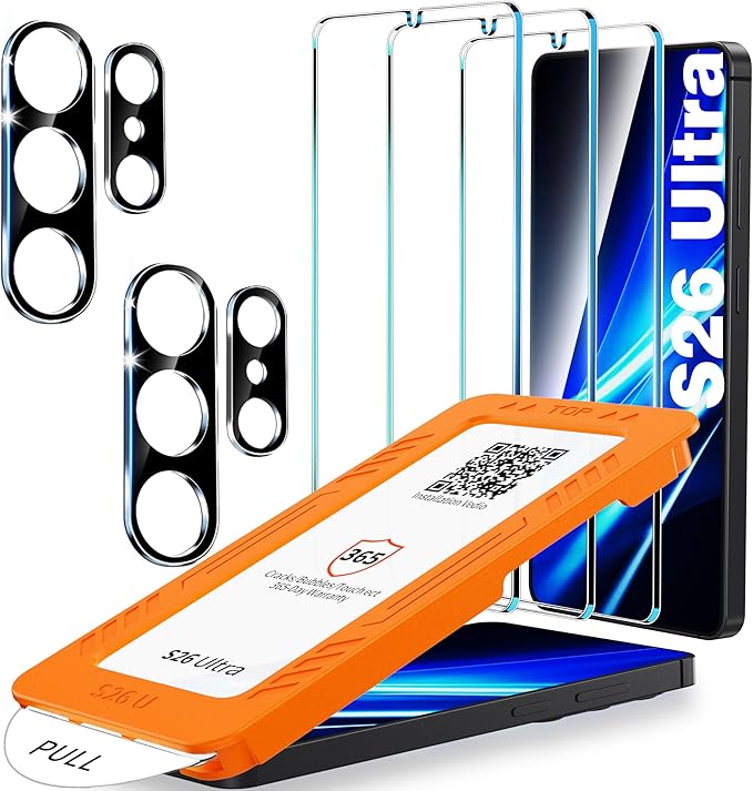 letosan 3 Pack for Samsung Galaxy S26 Ultra Screen Protector Tempered Glass + 2 Sets Camera Lens Protector Military Grade Shatterproof 9H+ Hardness Auto Alignment Frame 6.9 Inch