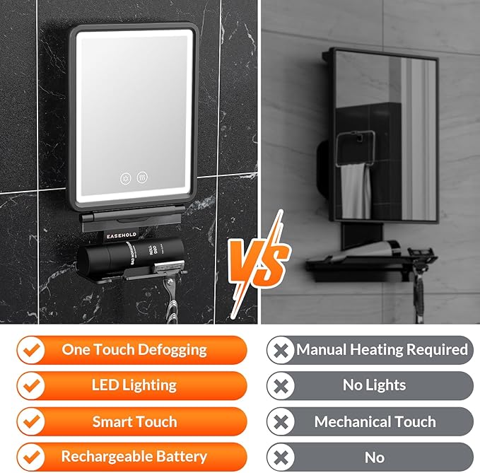 EASEHOLD Shower Mirror Fogless for Shaving, Heated LED Mirror with 3 Color Lights, Adjustable Anti Fog Razor Holder and Storage Tray, 5000mAh Rechargeable Light Up Mirror Bathroom for Men