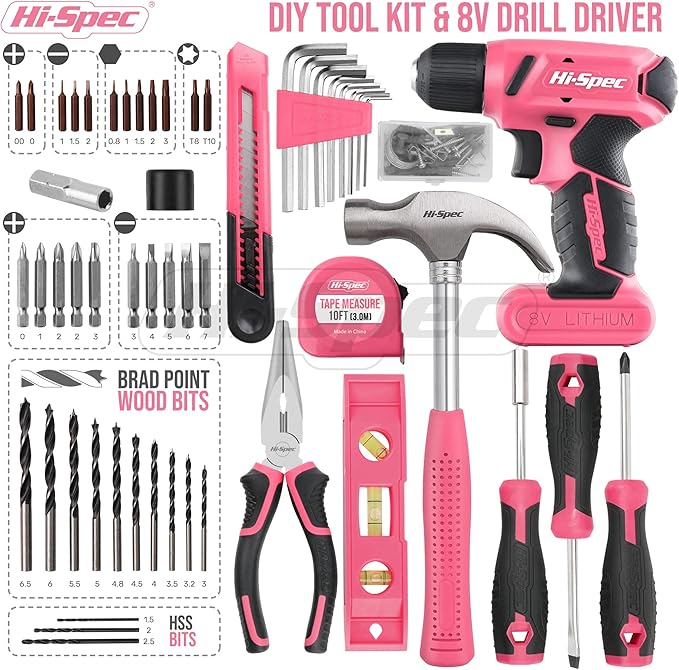 Hi-Spec 58pc Pink 8V USB Electric Power Cordless Drill Driver and Womens Ladies Home DIY Tool Kit Set. Screwdrivers, Drill Bit Set Accessories, Pliers and Hammer In a Toolbox Case