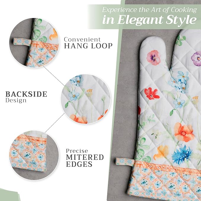 Maison d' Hermine 100% Cotton Oven Mitt & Pot Holder Set (7.5"x13" & 8"x8") Heat Resistant BBQ Cooking Gloves with Loop, Baking, Grilling, Kitchen, Handling Hot Pans Spring/Summer (Summer Whisper)