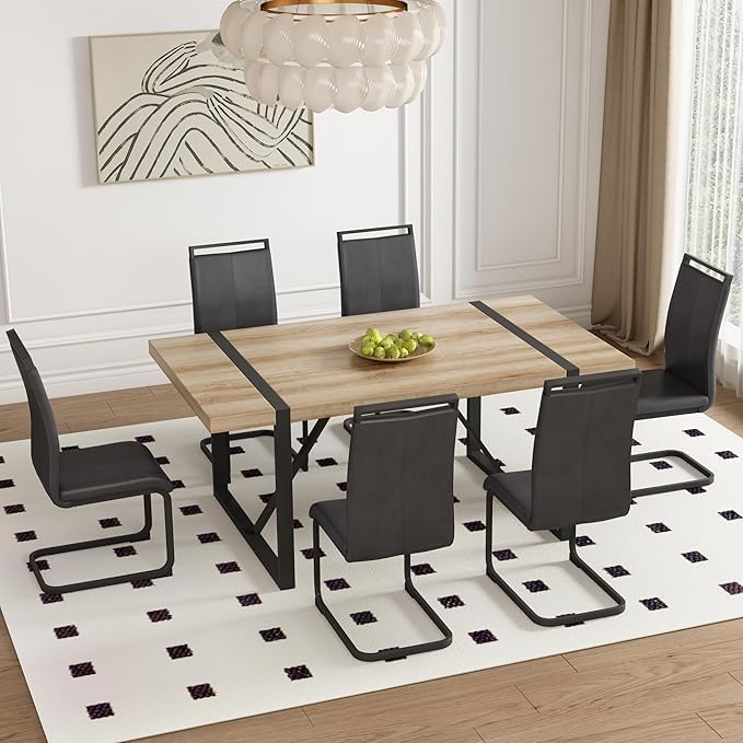 Dining Table Chairs Set for 6, Modern Rectangular Dining Room Table Set PU Leather Upholstered Dining Chairs 71" Dinner Table Set for Kitchen (Black, 71 Inch Brown Table+6 Chairs)