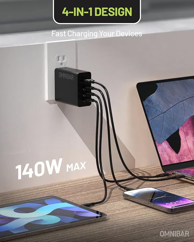 140W USB C Charger 4-Port GaN PD3.1 PPS Fast Charger Power Adapter | Foldable Plug Travel Essential for MacBook Pro/Air Laptop iPhone 17/16/15 Pro Max Galaxy S26/S25 Ultra iPad Steam Deck