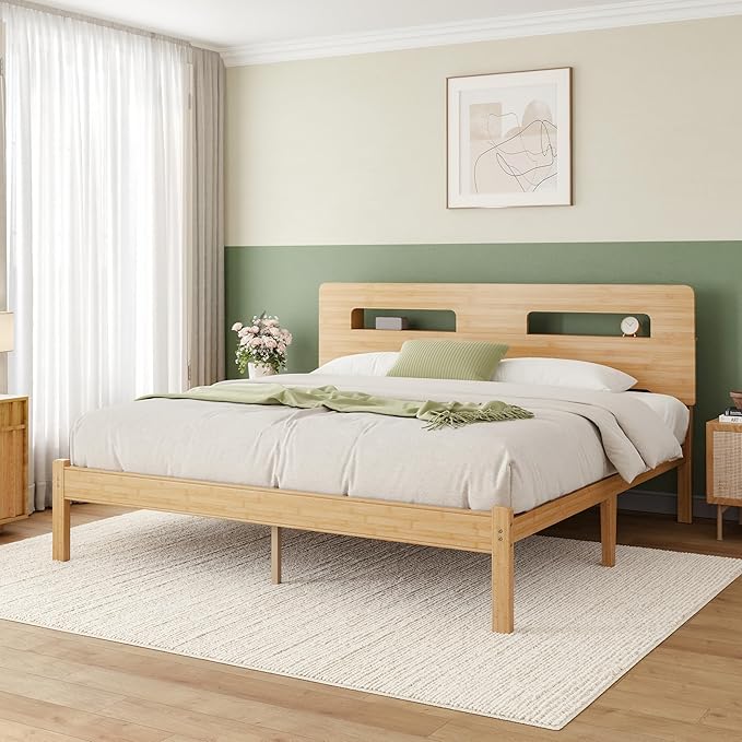 ZIYOO Solid Bamboo Wood King Size Bed Frame with Storage Headboard, 14 inch Platform King Bed Frame No Box Spring Needed with Steel Slats, Sturdy and Stable, Easy Assembly, Noise Free