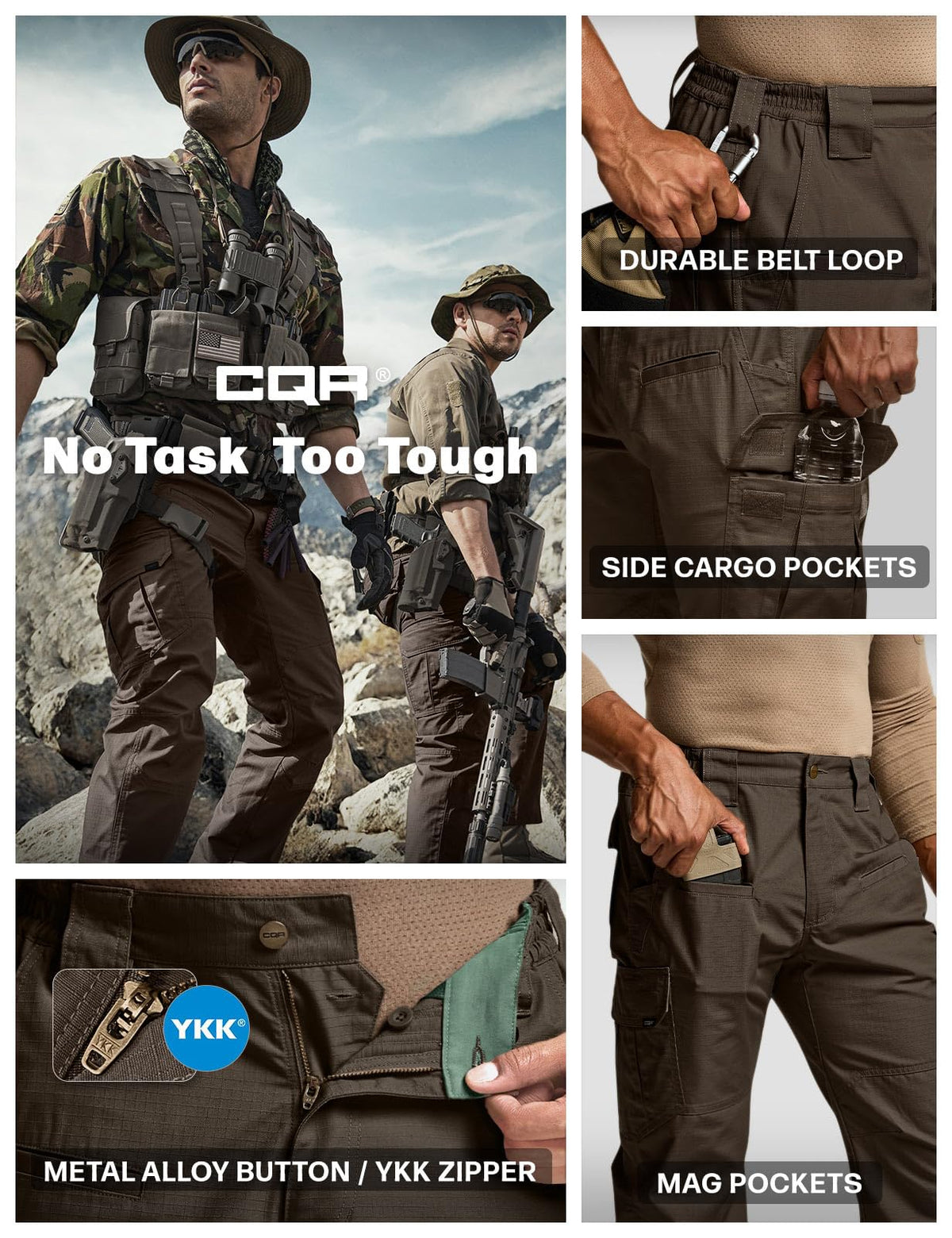 CQR Men's Tactical Pants, Water Resistant Ripstop Cargo Pants, Lightweight EDC Work Hiking Pants, Outdoor Apparel, Raider Dark Brown, 32W x 30L