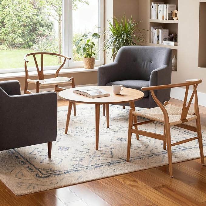 Wishbone Chair Natural Solid Wood Dining Chair/Hans Vegner Y Chair Rattan and Wood Accent Armrest Chairs Set of 4 (Ash Wood - Walnut)