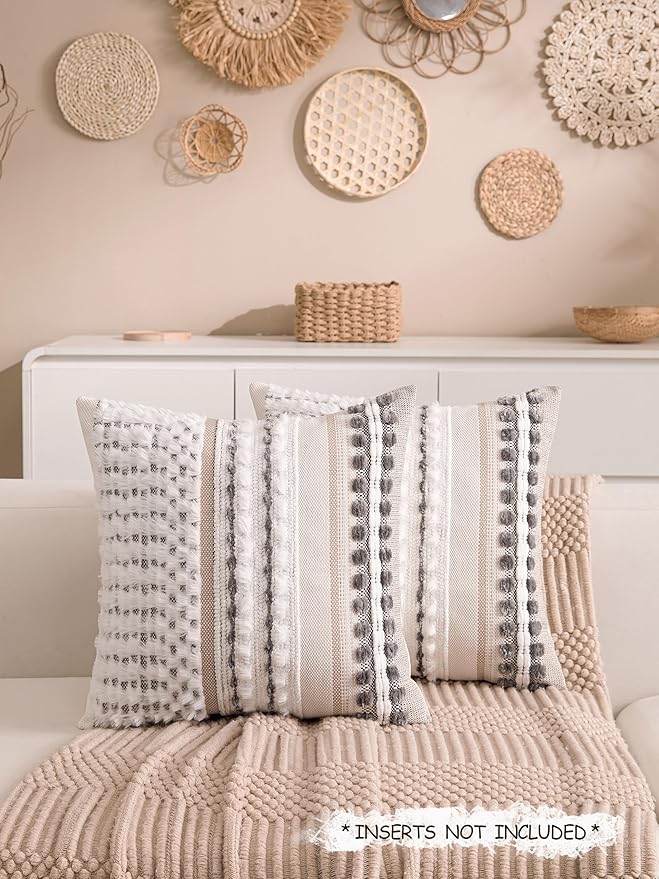 KOOLIFE Boho Chenille Tufted Couch Throw Pillow Covers 18x18 Inch Set of 2 Farmhouse Striped Decorative Pillow Covers Accent Neutral Square Pillowcase Grey Cushion Covers for Livingroom Sofa Bed