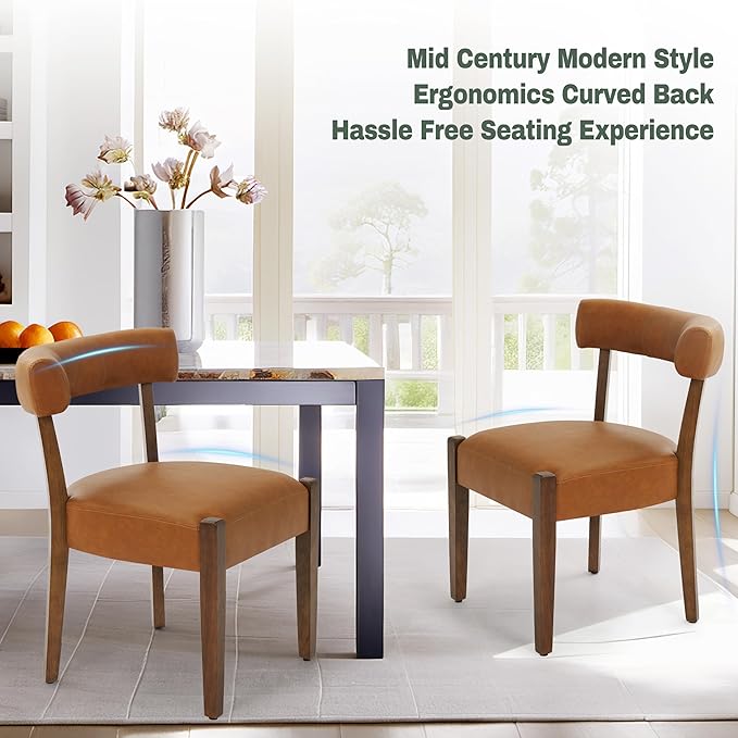 Faux Leather Dining Chairs Set of 8 Upholstered Kitchen & Dining Room Wooden Chairs Mid Century Modern Dining Chairs Low Back, Brown