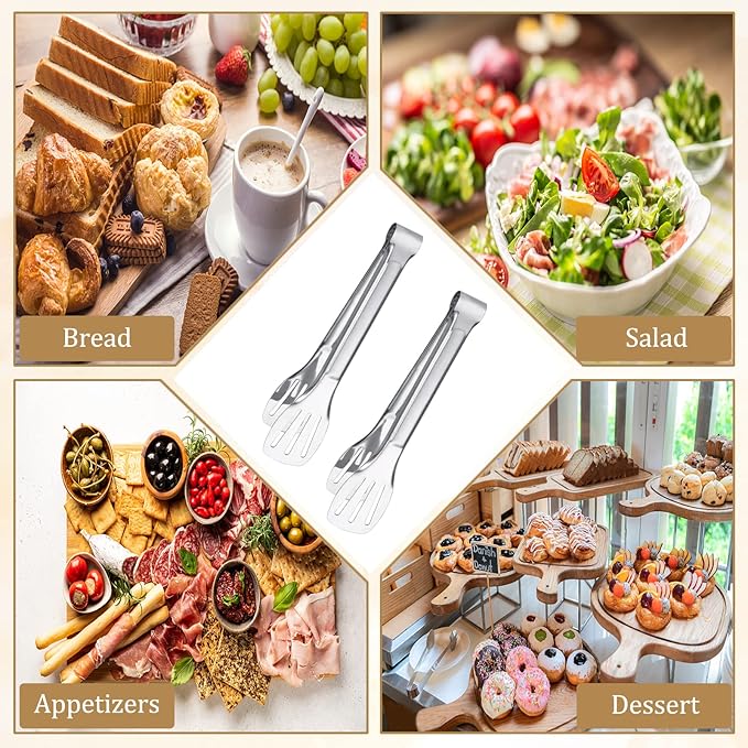 6PCS Serving Tongs, 7Inch Buffet Tongs, Stainless Steel Food Tong Small Serving Utensils for Cooking, Entertaining, Salad, Barbecue, Buffet, Toast and Steak by Sunenlyst
