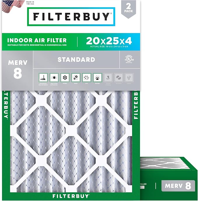 Filterbuy 20x25x4 Air Filter MERV 8 Essential Dust & Allergy Defense,