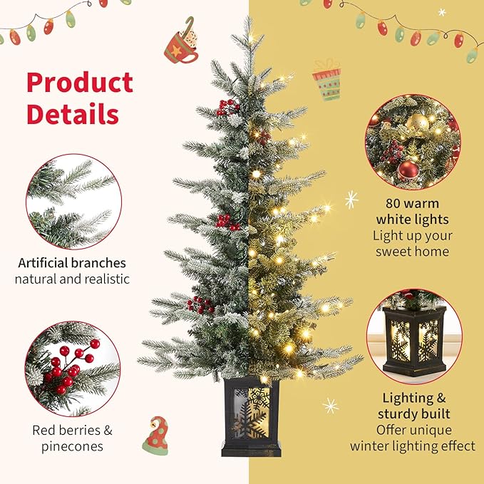 Small Pre-Lit Christmas Tree with LED Lights - 3.5 FT Snow Flocked Ariticifial Tree with Vintage Snowflake Base, Battery Operated & Auto Timer for Home Office Xmas Decor