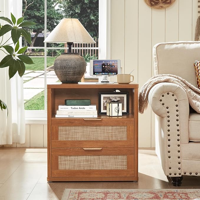 LEYAOYAO Rattan Nightstands Set of 2 with Charger Station, 23" Wide Boho Night Stand with 2 Drawers, Natural Wood Bedside Table Open Shlef, Bed Side End Table Dresser for Bedroom, Living Room Hallway