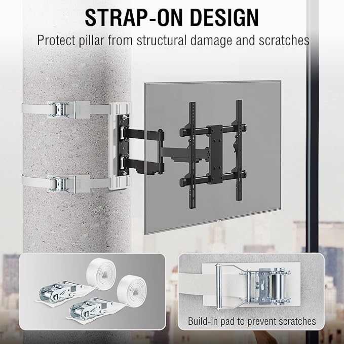 CondoMounts CLMTVA1044 Full Motion Large Pillar TV Mount | Column | Round & Square TV Post Mount | NO Drill | Holds 80lbs | Fits 32-in. to 70-in. TVs | Fits Pillars 8-in & Wider | White Strap