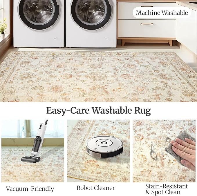 5x7 Soft Washable Area Rugs for Living Room and Bedroom, Non-Slip Stain Resistant Indoor Carpet, Cozy Floor Mat for Dining Room, Office, Under TableStain Resistant Persian Beige Floral