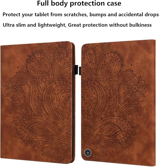 for Kindle Fire HD 8 Tablet (only Fits 10th Generation) &amp Fire HD 8 Plus 8 Case 2020 with Stand/Pencil Holder/Card Pocket/Elastic Band Embossed PU Leather Floral Cover Brown Peacock Flower