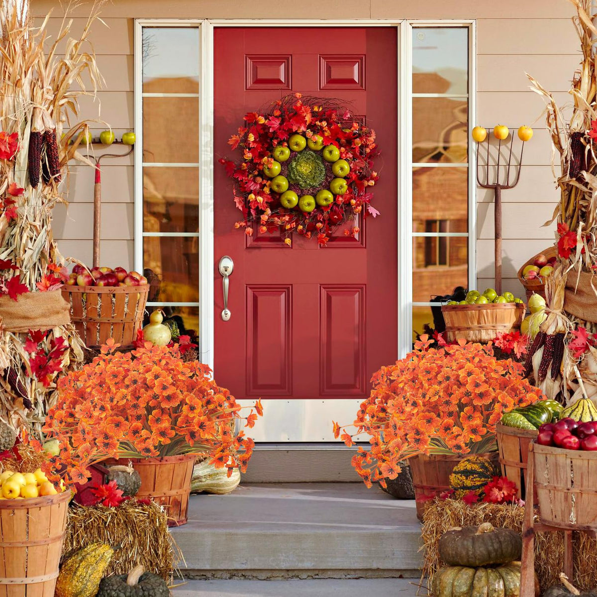 Grunyia Artificial Fall Flowers for Outdoors, 20 Bundles Faux Plants No Fade Plastic Shrubs Autumn Decor Farmhouse Home Garden Thanksgiving (Fall Red)