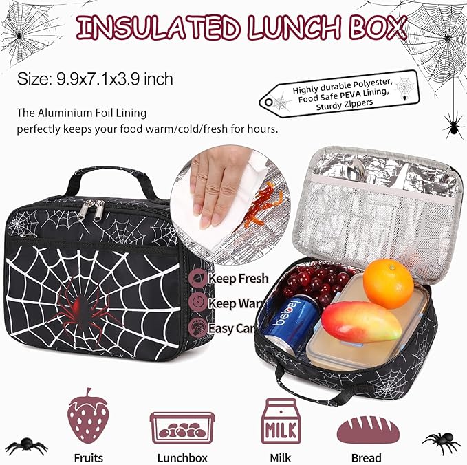 Kids Backpack Boys Spider Backpack with Lunch Box Kindergarten Elementary Middle School Travel Sport Toddler Bookbag for Boys Ages 4-14, Spider-Black