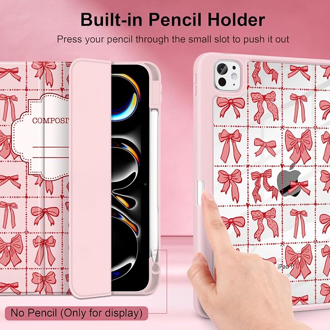 DONGKE for iPad Pro 11-Inch Case (M5 2025 / M4 2024) 6th/5th Generation [Auto Sleep/Wake &amp Pencil Pro Holder] Clear Acrylic Back Smart Trifold Stand Cover Bear &amp Cherry