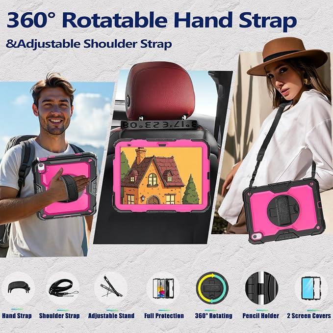 Weuiean Case for iPad A16 11th/10th Generation 11/10.9 Military-Grade Heavy-Duty Shockproof Cover with 360° Rotating Stand Built-in Pencil Holder &amp Adjustable Hand/Shoulder Strap - Black