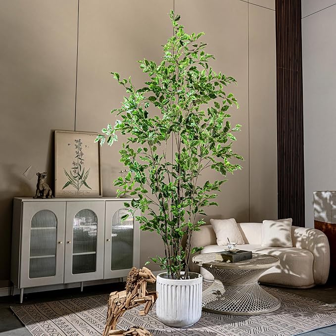 Artificial Ficus Tree Indoor 8ft, Large Potted Faux Tree with Realistic Silk Leaves & Trunk for Home Office, Living Room Corner Decor