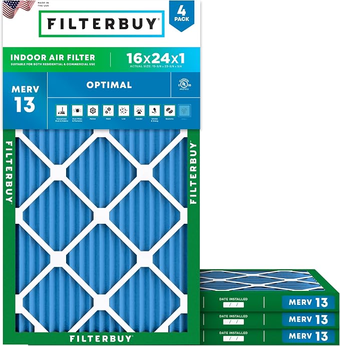 Filterbuy 16x24x1 Air Filter MERV 13 Optimal Smoke & Allergy Defense,