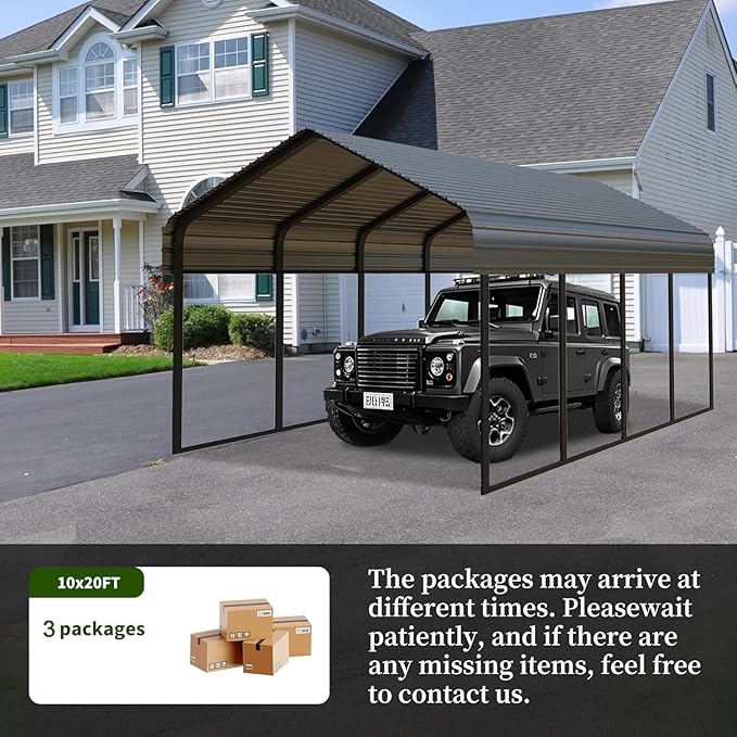 10x20 FT Heavy Duty Metal Carport with Galvanized Steel Roof & Frame – All-Weather Portable Car Garage Canopy Shelter for Cars, Safe Boat Cover for Yard