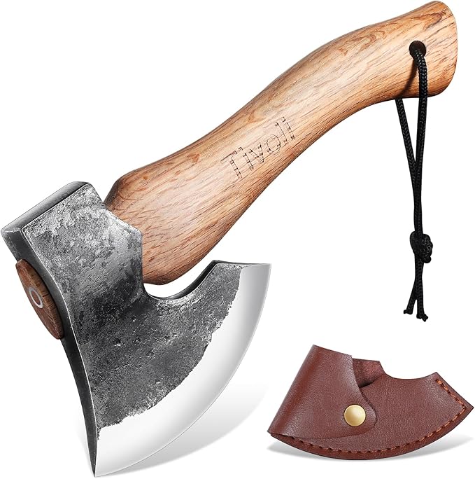 Tivoli 9-inch Small Hatchet Axe for Camping, Small Wood Hatchet Hand Axe, Hand Forged Carbon Steel Short Camp Axe for Chopping Wood, Ash Wood Handle, Retro Sheath
