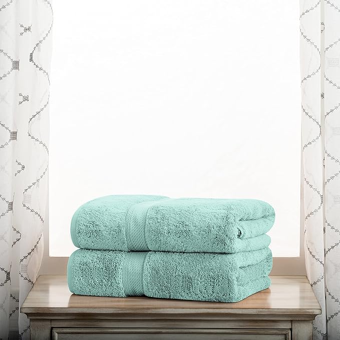 Superior Egyptian Cotton Pile Bath Towel Set of 2, Ultra Soft Luxury Towels, Thick Plush Essentials, Absorbent Heavyweight, Guest Bath, Hotel, Spa, Home Bathroom, Shower Basics, Sea Foam
