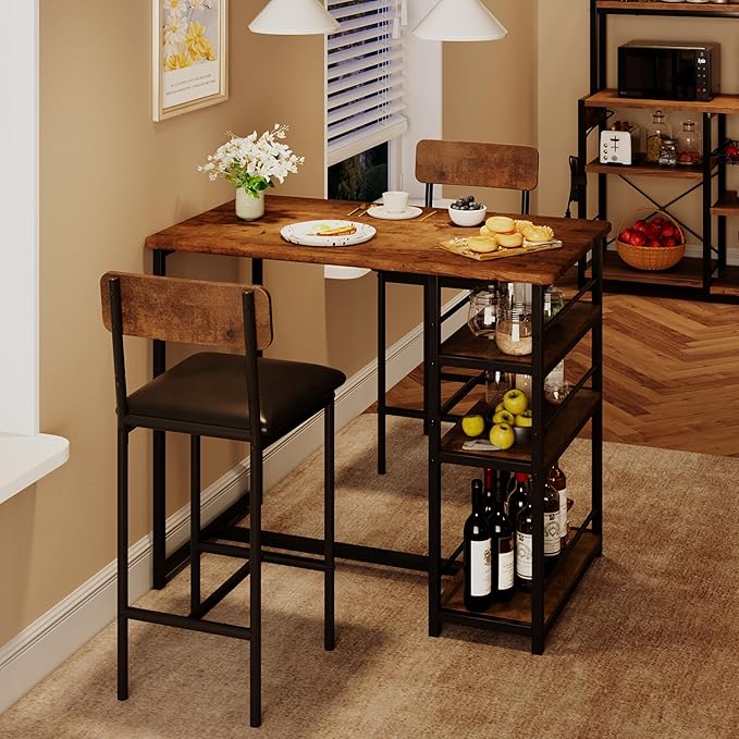 CABIHOME Dining Table Set for 2, Kitchen Table and Upholstered Chairs for 2, 3 Piece Counter Height Bar Table Set with 3 Large Storage Shelves for Small Space, Apartment, Studio, Rustic Brown