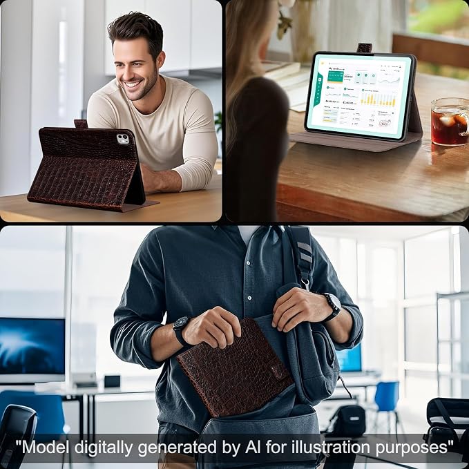 Gexmil Leather Case for iPad Pro 13 Inch M5/M4 2025/2024Crocodile Brown | Genuine Leather Cover with Magnetic ClosureSmart Folio Auto Sleep/WakeProtective ShockproofAdjustable Stand