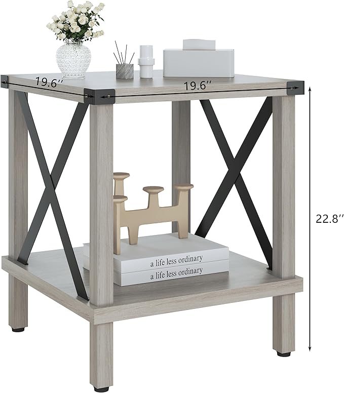 Large End Table Farmhouse Side Table Industrial Style Sofa Table Metal X Accent Wood Coffee Table NightStand with Storage Shelf for Living Room Bedroom Oak Grey MLBZ16Z