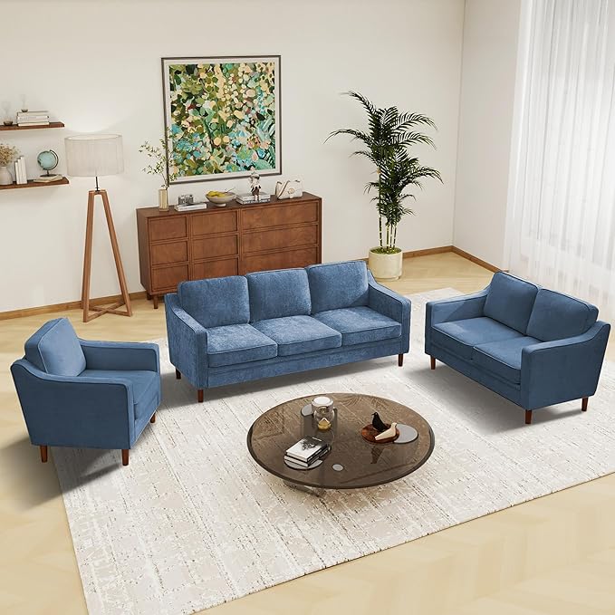 Kingfun Living Room Furniture Sets, 3 Seater Couch, Armchair and Loveseat, Mid Century Modern Sofa Set, Chenille Couch with Solid Wood Frame for Living Room & Bedroom, Light Blue