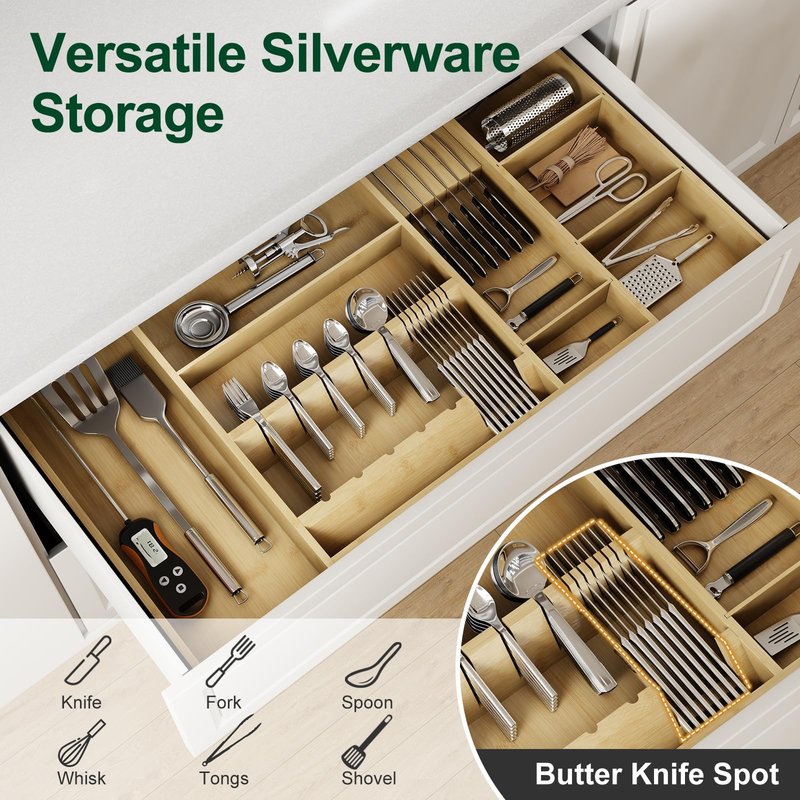 Landmok Bamboo Silverware Drawer Organizer, 17.72-29.53 Inch Expandable Large Kitchen Drawer Organizer, 5-8 Slot Flatware with Removable Card Slots & Knife Block for Spoon Butter Knive, Natural