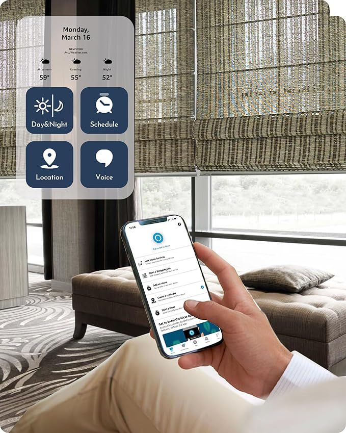 Graywind Smart Natural Roman Shades Compatible with Alexa Google Rechargeable Light Filtering Motorized Blinds with Remote Plain Fold for Doors Bedroom, Custom Size (Strip Brown)
