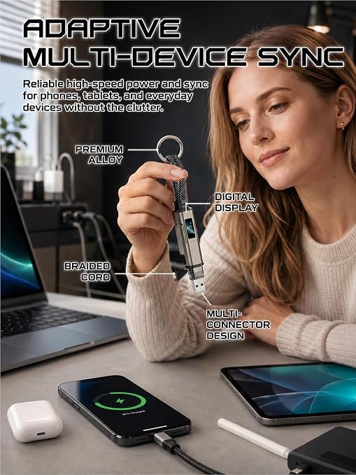 4-in-1 Charging Cable with Digital Display &amp Keychain – Fast-Charging Kink-Resistant &amp Compact Short Multi-Interface Braideds Fast Charging Lanyard Cord for Laptop Phone (Black)