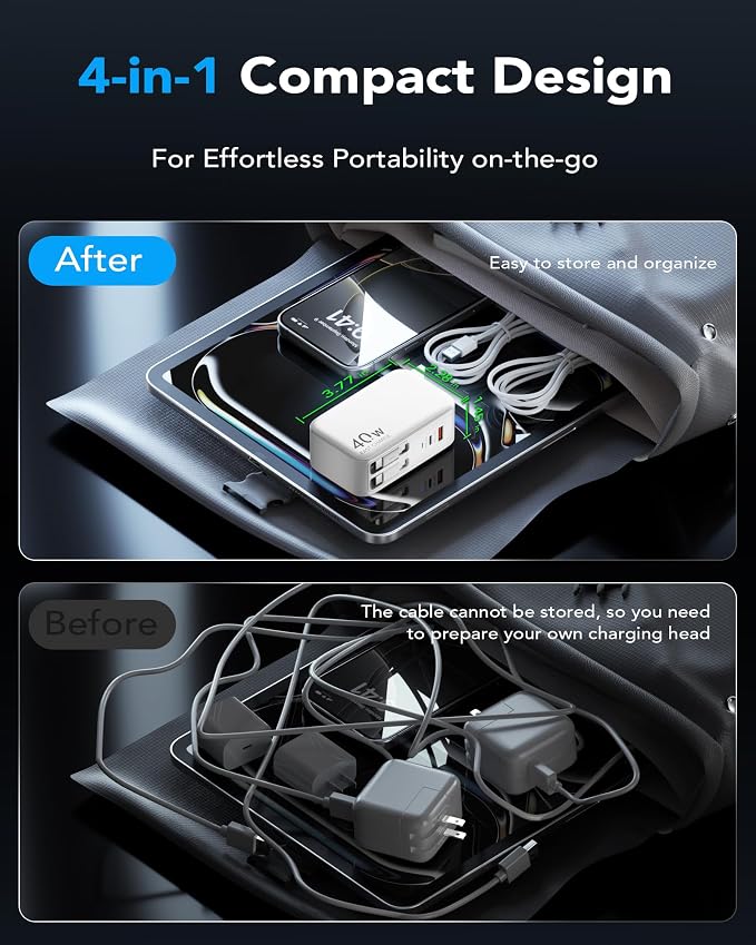 4-in-1 Retractable USB C Wall Charger40W Fast Charging for Multi-Device | Retractable ChargerFoldable PlugExtra USBC &amp A PortsDual 35.5in CablesMultiple Devices Charger for iPhone/Galaxy/Pixe